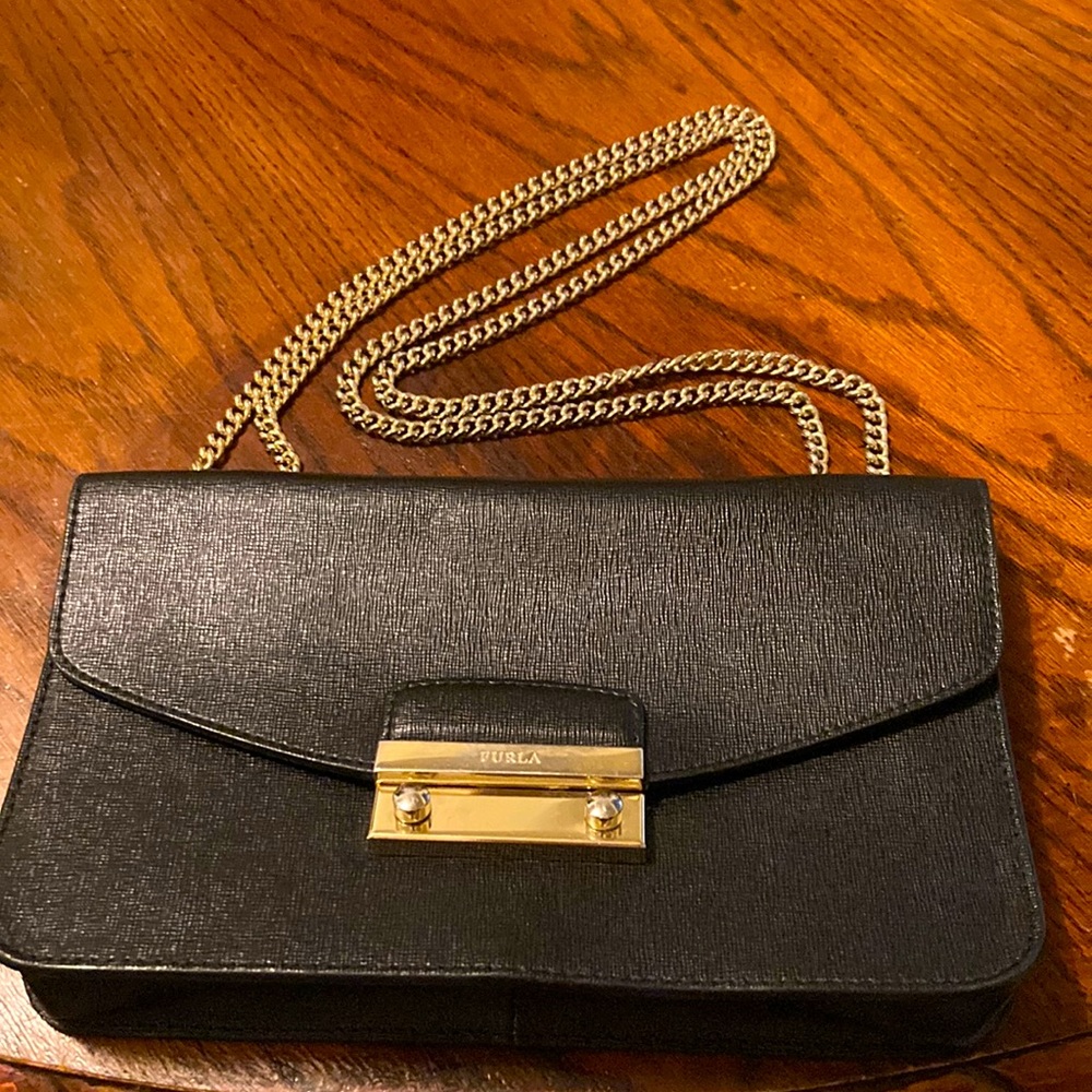 Furla Black and Gold Crossbody with Gold Chain